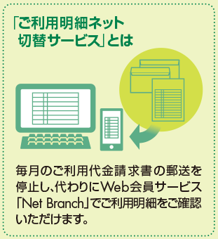 「ご利用明細ネット切替サービス」とは　毎月のご利用代金請求書の郵送を停止し、代わりにWeb会員サービス「Net Branch」でご利用明細をご確認いただけます。